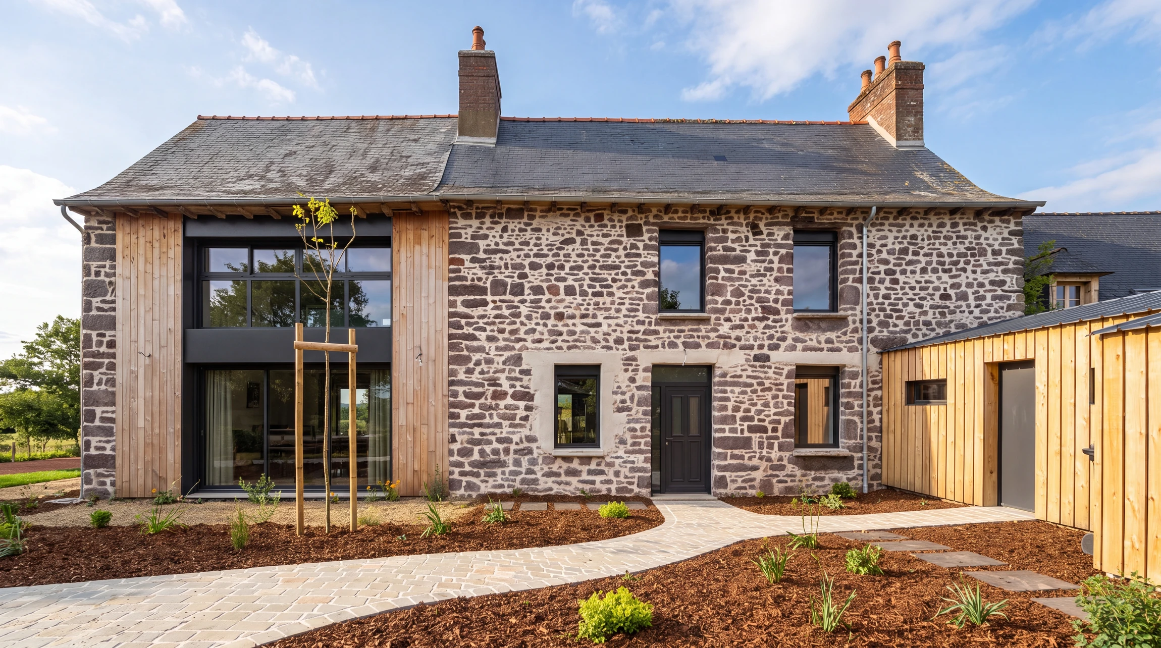 Rénovation d'une longère en pierre de granite, extension contemporaine en bardage bois vertical clair