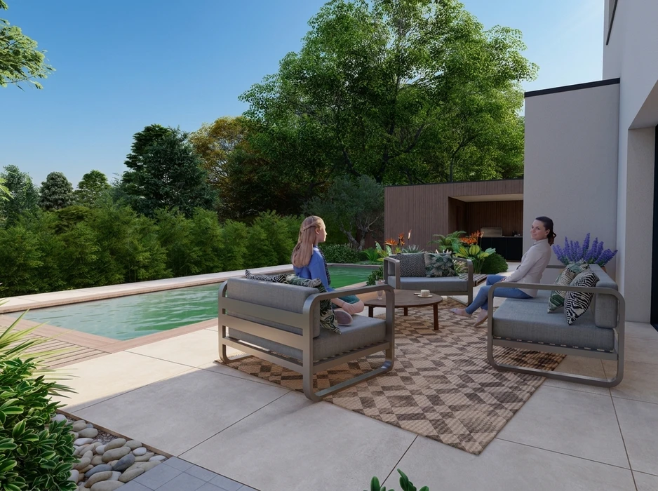 Terrasse extérieure contemporaine avec piscine à débordement, mobilier lounge en aluminium brossé avec coussins gris