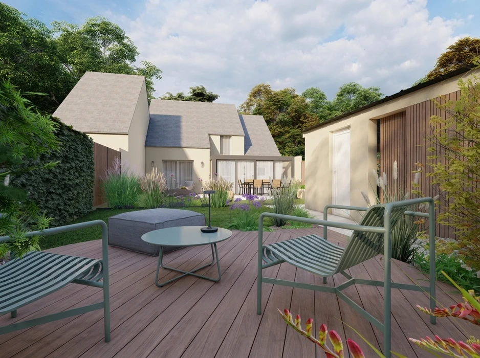Terrasse en bois composite avec salon de jardin métal vert sauge : deux fauteuils à lattes, table basse ronde et pouf gris