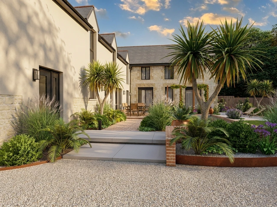 Jardin paysager contemporain devant une maison en pierre calcaire et enduit blanc