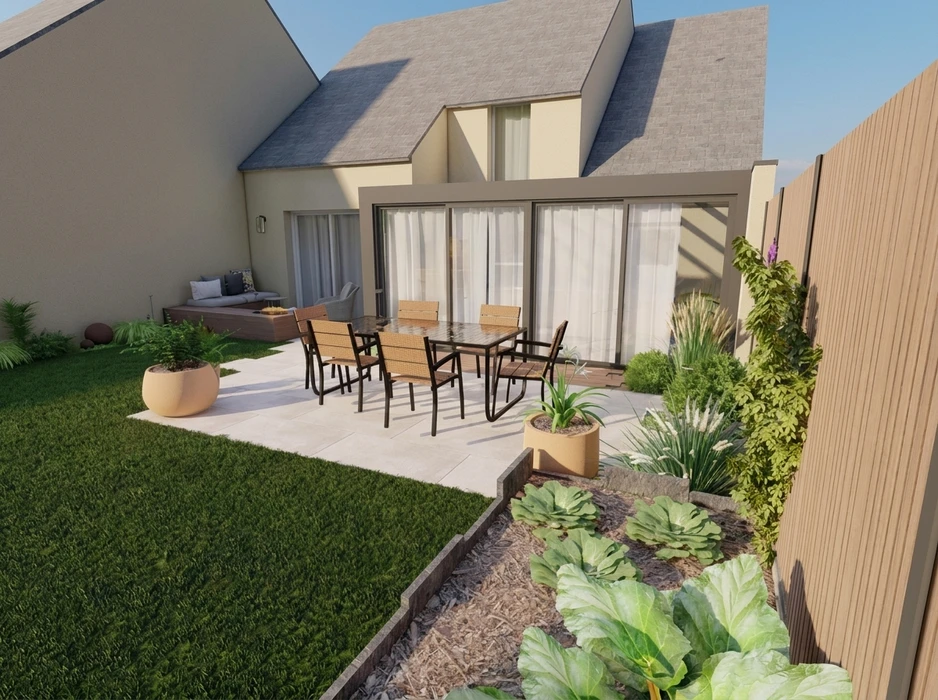 Terrasse extérieure d'une maison moderne avec salon de jardin 6 places : table plateau verre, chaises tressées résine avec structure métal anthracite