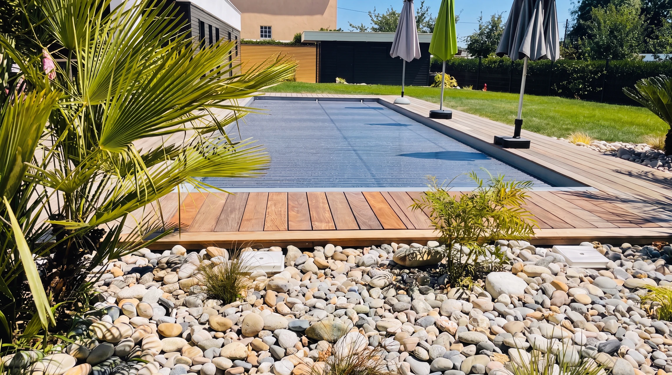 Piscine rectangulaire couverte d'une bâche de protection à lamelles, entourée d'une terrasse en bois exotique type ipé