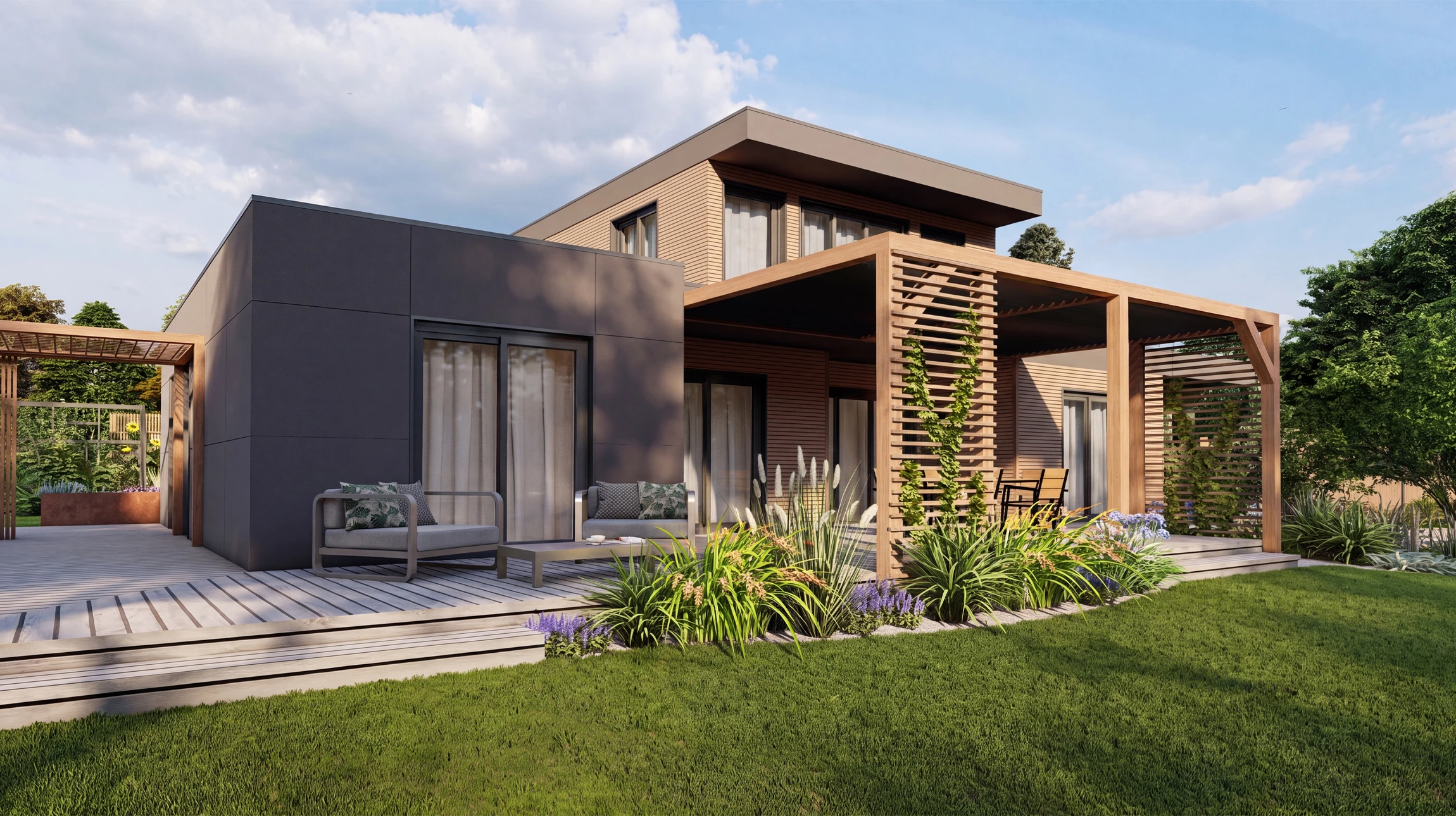 Rendu 3D d'une villa contemporaine à enduit blanc, vue jardin