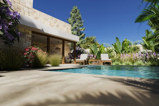 Espace piscine extérieur avec terrasse en travertin clair, piscine à débordement avec liner bleu mosaïque
