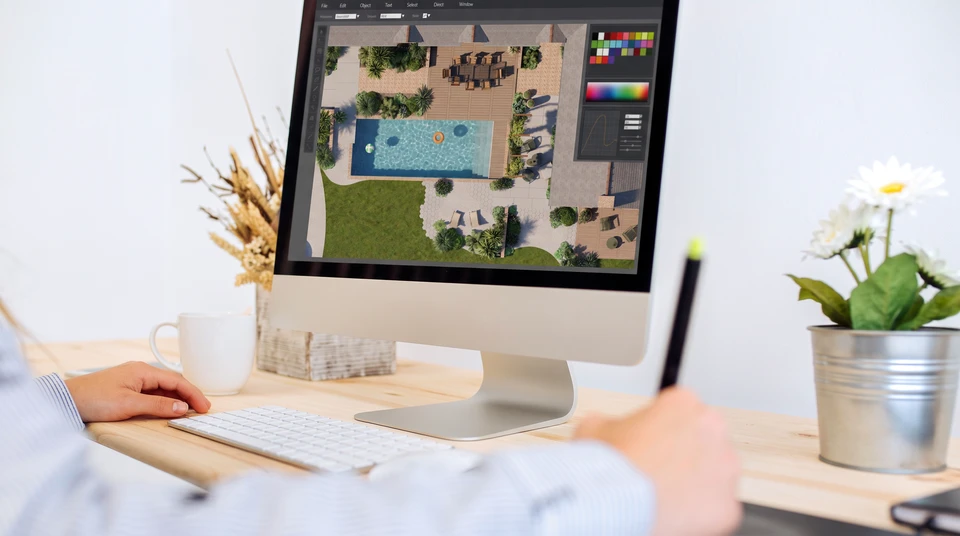 Vue aérienne 3D d'un aménagement paysager de jardin avec piscine rectangulaire