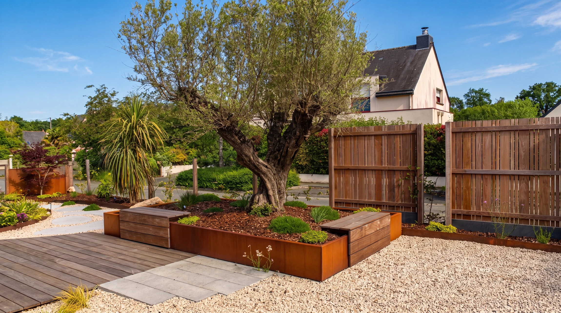 Maison contemporaine à toiture plate, vue extérieure côté jardin