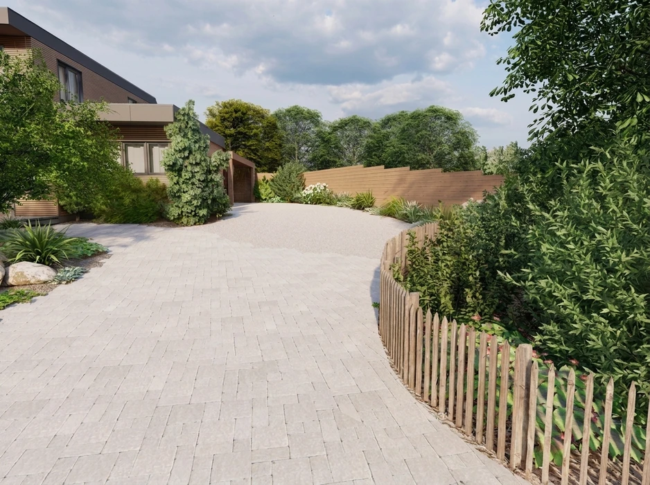Jardin paysager moderne avec terrasse en dalles hexagonales blanches, pergola en bois massif habillée de plantes grimpantes