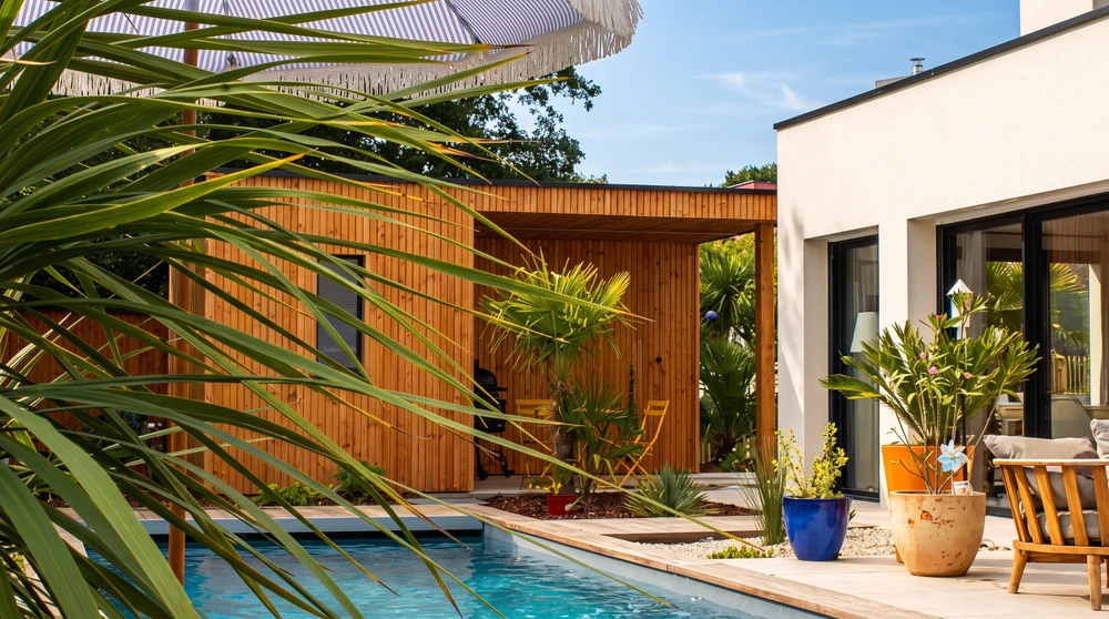 Terrasse en bois exotique type teck posée en lames parallèles autour d'une piscine enterrée