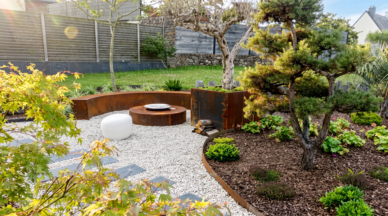 Maison individuelle moderne, vue extérieure arrière, jardin paysager avec pelouse verte soignée